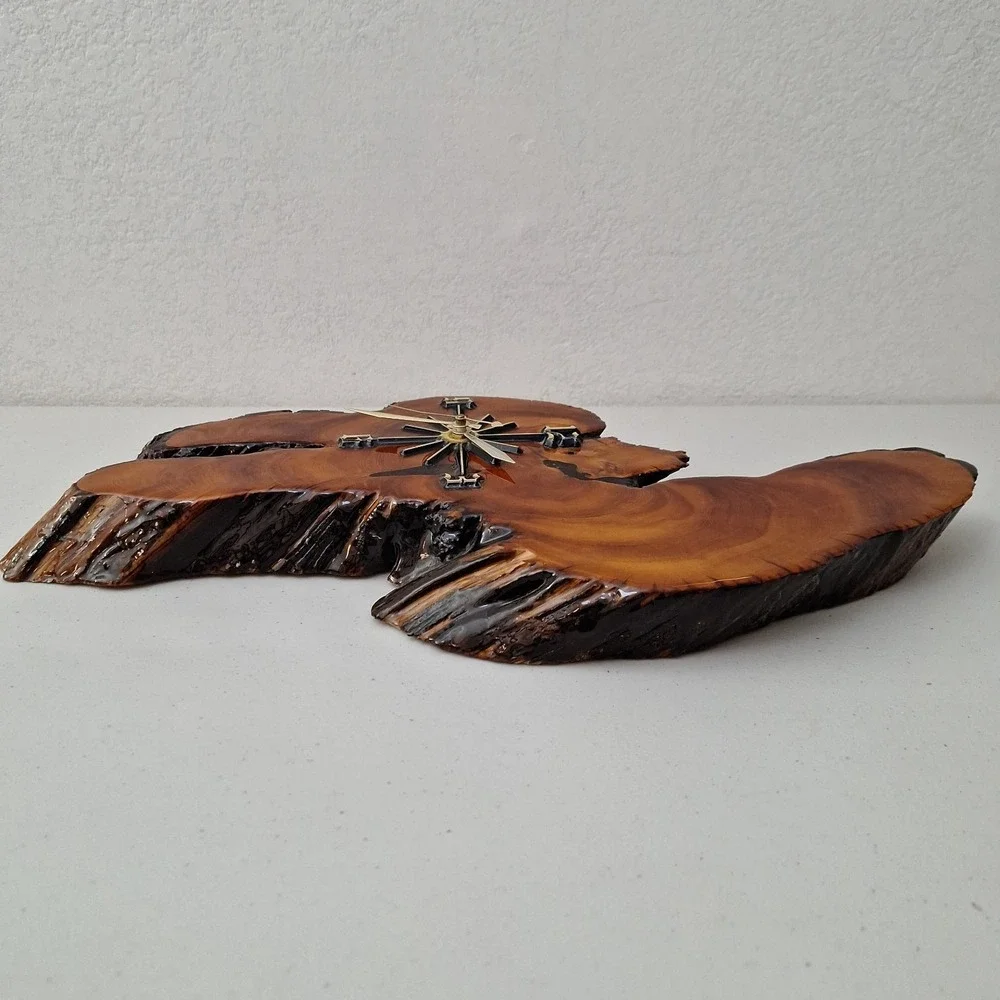 Vintage Lacquered Natural Cypress Wood Slab Stump Wall Clock Handmade Quartz